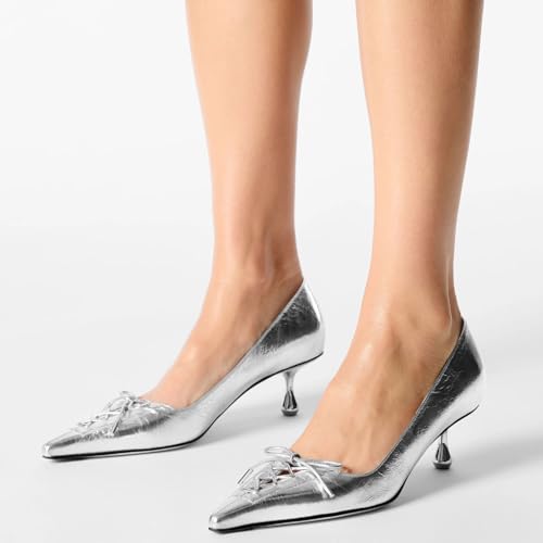 Image of Women's Pointed Toe Heels with Bow Pearl, 3.15 inch Kitten Heels Slip on Stiletto Pumps for Designer Dress Shoes