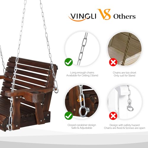 Image of VINGLI Heavy Duty 440 LBS 1-Person Wooden Patio Porch Swing with Extra Cup Holder for Adults, Outdoor Single Porch Swing for Porch, Yard, Balcony, Tree (Rustic)