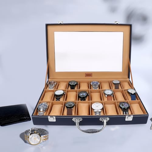 Image of LEDO Watch Box Organizer with 24 Slots, PU Leather Case, Transparent Display, Blue and Cream Interior, Metal Clasp Lock, Rectangular Storage for Men and Women