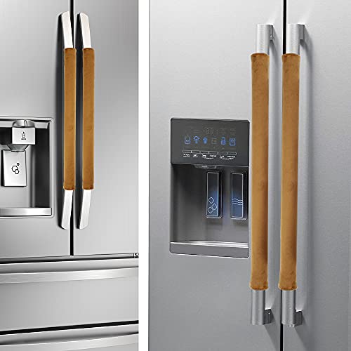 Image of Nuovoware Refrigerator Door Handle Covers Set of 4, Keep Kitchen Appliance Fridge Oven Microwave Dishwasher Clean,Antiskid Washable Decor Cloth,Keep Off Smudges Fingerprint Oil Stain, Light Brown