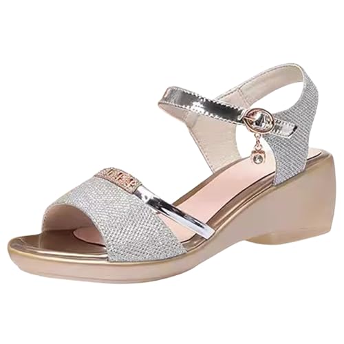 SHOBDW Sandalias Mujer Comodas Y Elegantes De Con Punta Abierta Tiras Para Mujer, Hebilla Decorativa, Tacones Gruesos Bloque, Zapatos Vestir Boda Plataforma Cuñas Sapatos Caminar Verano Plata 39