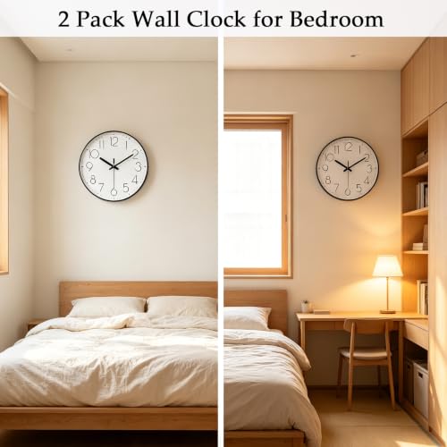 Image of 2 Pack Black Wall Clock 12 Inch Modern Silent Battery Operated Wall Clocks | Office Kitchen Classroom School