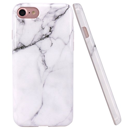 JAHOLAN White Marble Design Clear Bumper Glossy TPU Soft Rubber Silicone Cover Phone Case Compatible with iPhone 7 iPhone 8