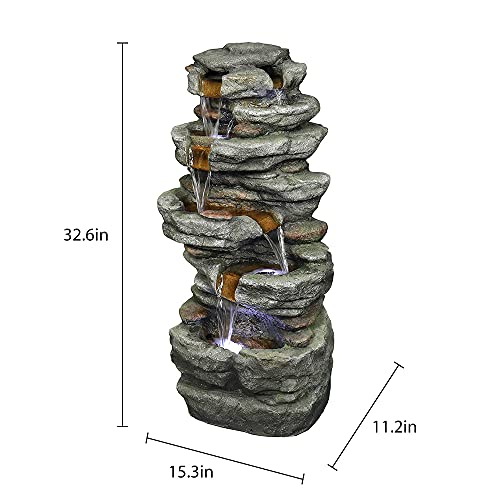 Image of SunJet 6-Tier Outdoor Water Fountain with LED Lights - 32.6inches Rock Water Fountains for Home Garden, Yard, Patio, Deck Decor - Soothing Tranquility Floor-Standing Waterfalls