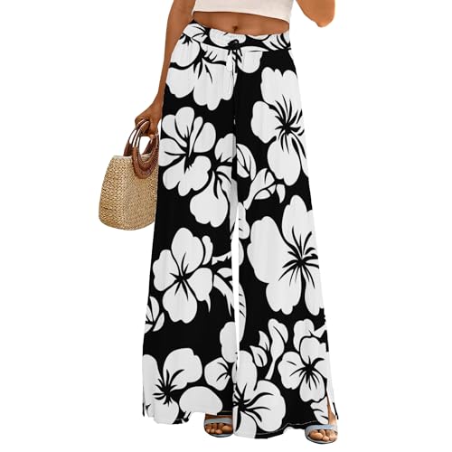 Womens Wide Leg Palazzo Pants Hawaiian Floral Flowy High Waist Casual Travel Trousers