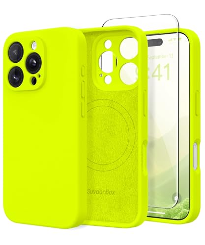 Image of Magnetic for iPhone 16 Pro Case, Compatible with MagSafe, [Full Camera Protection][Screen Protector] Silicone Shockproof Protective Phone Case for iPhone 16 Pro 6.3 inch, Fluorescent Green