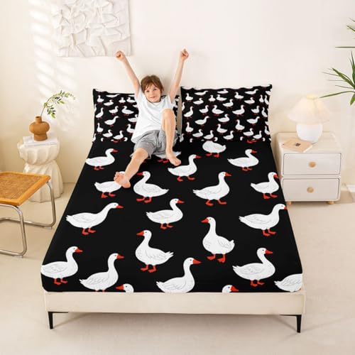 Erosebridal Goose Fitted Sheet Full Size Kawaii Animal Bed Sheets Cute White Geese Bedding Set for Kids Boys Girls Women Black Cute Cartoon Funny Sheets