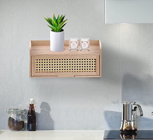 Floating Nightstand, Wall Mounted Wood Nightstands, Small Rattan Nightstand With Storage Drawer, Bedside Tables Shelf, Mid Century Modern Side Table Night Stands For Bedroom Living Room #TOP5