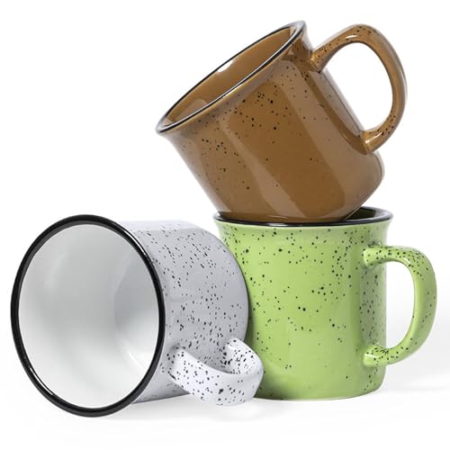 noTrash2003 Juego de 3 tazas de café vintage de cerámica moteada, 350 ml, color verde, marrón y blanco, 100-6084