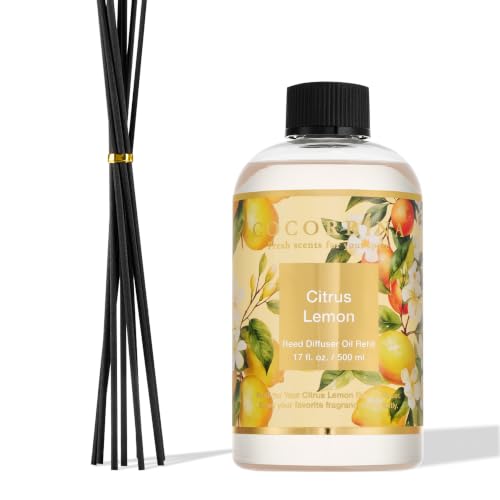 Cocorrína Reed Diffuser Refill Citrus Lemon 17oz (500ml) with 8 Rattan Sticks - Premium Long-Lasting Essential Oil, Home Fragrance for Bedroom, Bathroom Home Decor