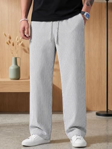 Image of Men's Casual Striped Trouser | Relaxed Fit Drawstring Pants for Men | Elastic Waist Straight Fit Lounge Trousers | Lightweight Summer Cotton Bottoms | Comfortable Daily, Beach, Travel Pants