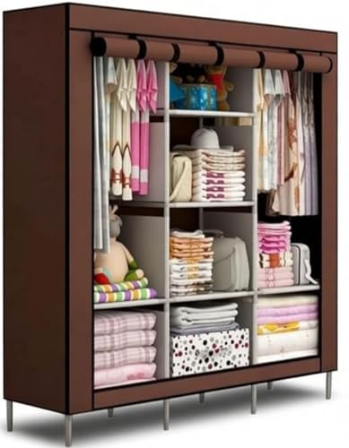 Image of Collapsible Wardrobe DIY Clothes Almira | Portable Foldable Closet Organizer | Brown Finish | Hanging Space & Storage Shelves | Fabric Wardrobe for Bedroom
