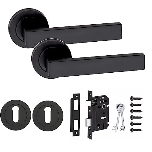 Golden Grace Delta Design Key Lock Door Handles Set on Round Rose in Matt Black Finish with 64mm 3 Lever Mortise Lock & Key Hole