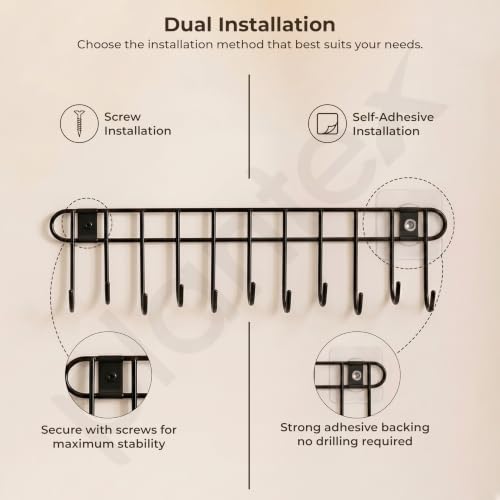 Image of Plantex Hook Rail /GI Steel Hooks for Wall Without Drilling /Self Adhesive Hook Rail for Clothes /Towel - Pack of 1 (11 Hooks, Black)
