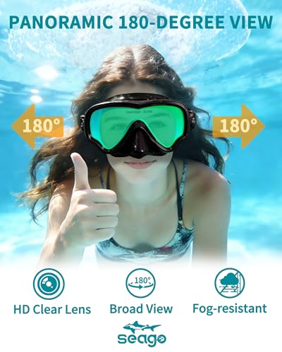 Image of Seago Adult Swim Goggles Mask Mirrored Tempered Lens, Anti UV /Fog No Blurring Clear Wide View with Nose Cover for Men Women