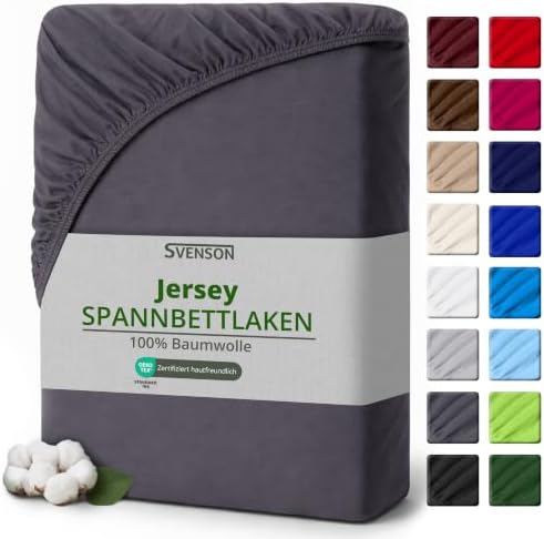 Svenson Jersey-Spannbettlaken – 100% Baumwolle, elastisch, bis 35 cm, geeignet für Boxspring- und Wasserbetten, weich und bequem, 200x220, Anthrazit Grau