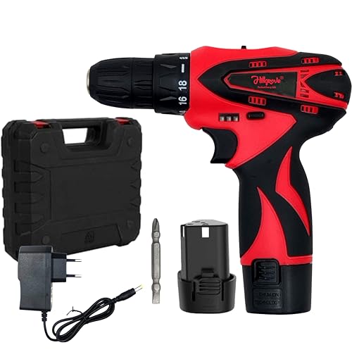 Image of Hillgrove Electric Rechargeable Wireless Mini Cordless Charging Screw Drilling Wall Hole Battery & Charger Power Drill Machine Kit Set for Home Use (4, RED, 12, Volts (DC))