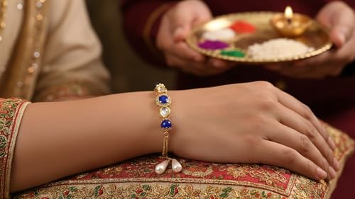 Image of Elegant Traditional Gold Plated /Rakhi Combo Of 1 Piece for Men and Women /brother /sister /bhabhi Kundan Stone combo set (Same as Shown In Image)