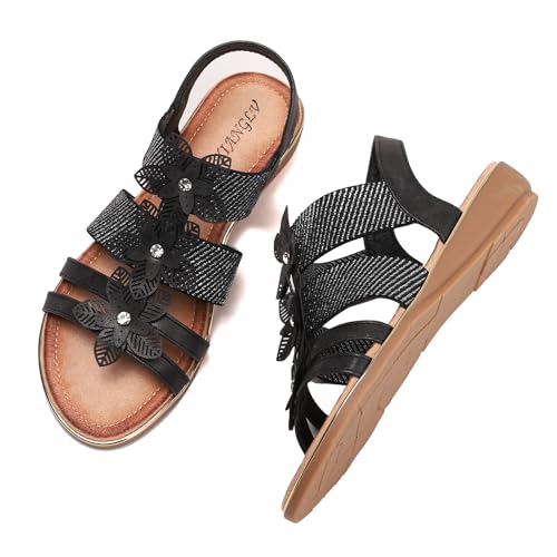 Image of Galindopia Flat Thongs Sandals Rhinestone Beaded Bohemia Beach Shoes For Women Elastic Ankle Strap Comfortable Cushion Padded Flip Flops Black Size 37
