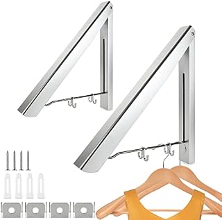 AHUNTTER 2 Pieces Folding Clothes Hanger Wall Mounted Clothes Rail Aluminum Space Saving Coat Hanger Storage Organiser for Laundry Room Bedroom Indoor Outdoor, Silver