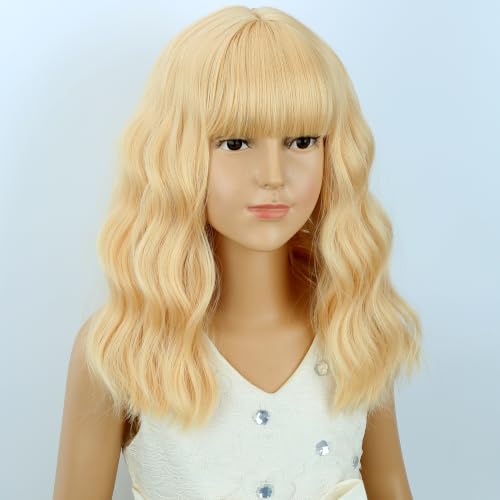 Image of Kids Light Blonde Wig Girls Short Blonde Wavy Curly Wigs Child Wig with Air Bangs Synthetic Cosplay Hair Wigs