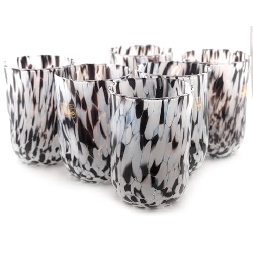 MurArt 6 Bicchieri di Murano Set da 6 Bicchieri Bianco e Nero da Acqua da 400ml in Vetro Soffiato a Mano in Lavorazione Artigianale Collezione Eleganza Made in Italy