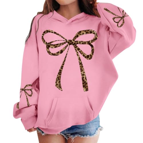 Image of Girls Hoodie Kids Pullover Sweatshirt Long Sleeve Trendy Bow Print Pattern Shirt Warm School Hoodies Teens Oversized Hooded Pullover Activewear with Pockets Fall Winter Clothes Pink 9-10 Y
