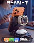 3-in-1 Chargeur sans fil pour iPhone 17 16 15 14 13 12, 15W Station de recharge rapide magnétique Qi pour Apple Watch AirPods, MagSafe Chargeur pliable compatible avec LED Indicateur & Dissipation de chaleur (noir)