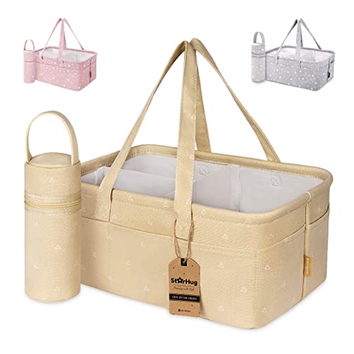 Image of StarHug Baby Diaper Caddy Organizer - Baby Shower Basket | Large Nursery Storage Bin for Changing Table | Car Travel Tote Bag | Newborn Registry Must Have | Bonus Bottle Cooler | Beige