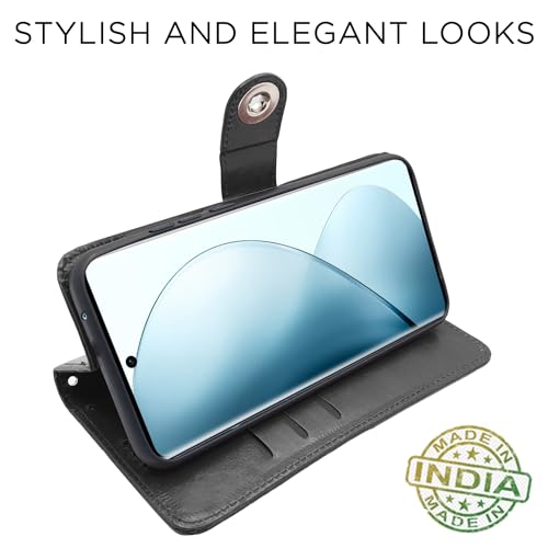 Image of Pikkme Vivo V29 / V29 Pro 5G Flip Cover Leather Finish | Inside TPU with Card Pockets | Wallet Stand and Shock Proof | Complete Protection Button Flip Case (Black)