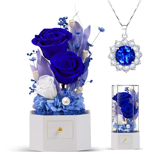 Eluvian Forever Preserved Roses Flowers with Necklace 18K White Gold Plated Birthday Gift for Mom Girlfriend Wife Long-Lasting Eternal Rose Music Box Gift for Anniversary Christmas Mother's Day-Blue