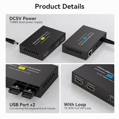 Image of HDMI KVM USB Extender Over Cat5e /6 /7 Ethernet 1080P Up to 394ft /120m with Loop Out HDMI and USB Extender for Remote Control of Monitor and Keyboard Mouse