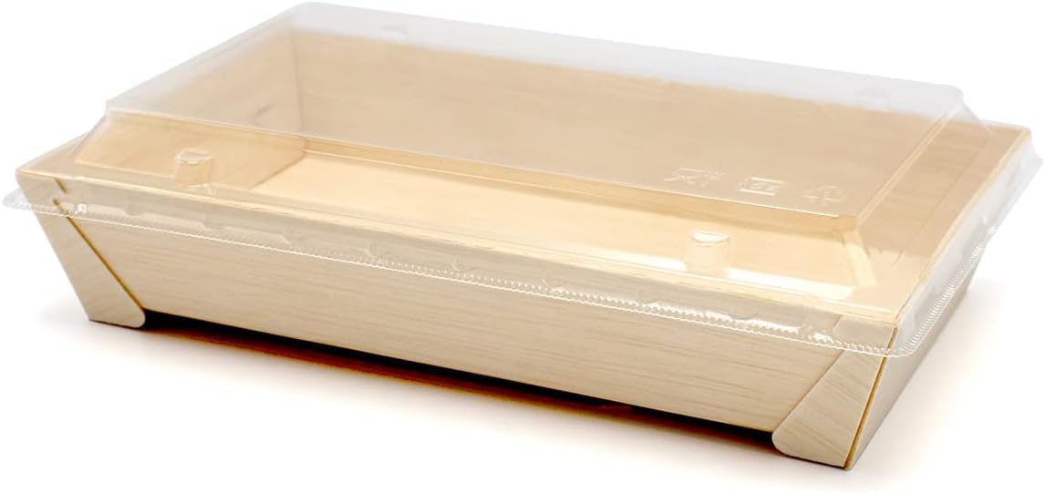 【13個セット】KAYU PACKAGE 長方形 RECTANGLE 木製 容器 Lサイズ 218mm x 142mm x 40mm 透明プラ 蓋 フタ付 使い捨て (13)