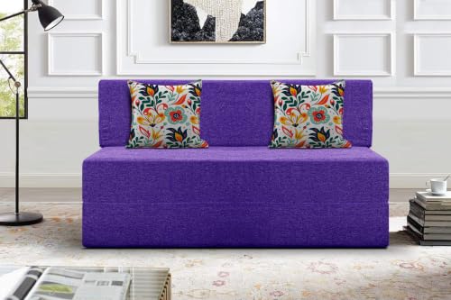 Image of Los Angeles Foldable Two Seater Sofa Cum Bed, Sofa Bed 4 X 6 Feet Jute Fabric Washable Cover- Including Cushion Perfect for Living Room - Purple