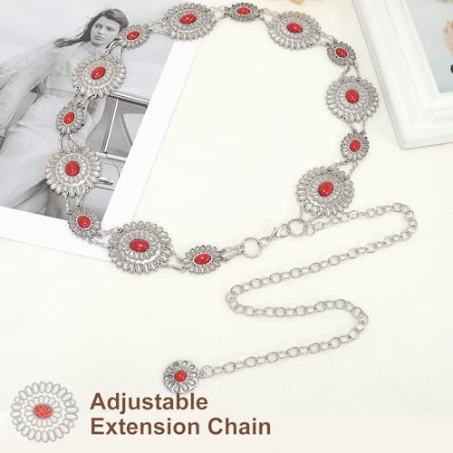 Image of WHIPPY Women Concho Chain Belt Metal Link Western Cowgirl Turquoise Chain Belt for Dress