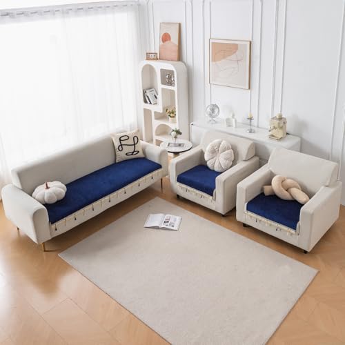 Image of HOKIPO 'Serenity Tassel' Chenille Sofa Cover 5 Seater Set with Tassels - Washable 3+1+1 Sofa Cover Mat | Sapphire Navy (IN-890 * 2 + IN-892 - NBL)