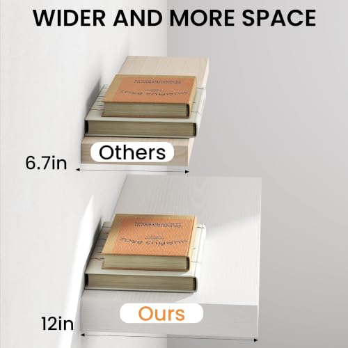 Image of 40Inch White Floating Shelves for Wall, 12 Inch Deep Shelves for Bedroom, Kitchen, Bathroom Wall Mounted, Rustic Wood Floating Shelf with Invisible Brackets for Books, Storage, Decor, 2 Packs