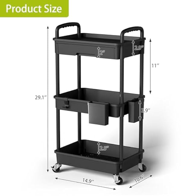 3 Tier Rolling Cart Organizer,Laundry Room Bathroom Organizers and Storage Office Shelves Mobile Shelving Unit Kitchen Trolley Cart with Wheels for Art,Craft,Diaper,Bedside,Snack(Black)-zk4J9fEC