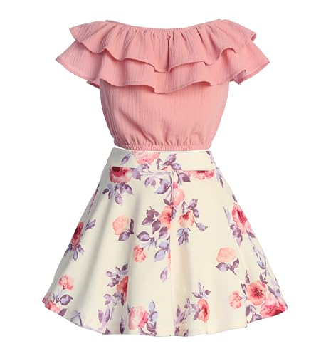 Image of Cold Shoulder Crop Top Ruffle Layered Top Flower Girl Skirt Sets for Girl