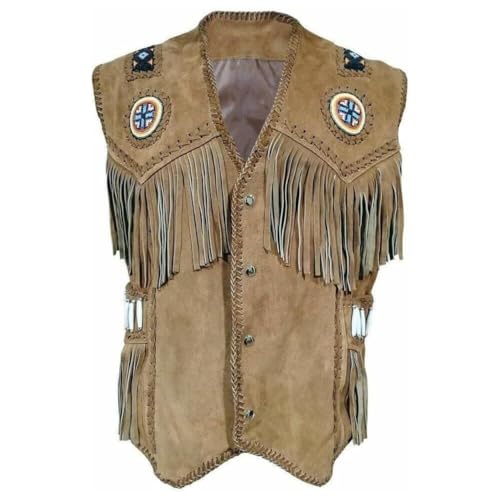 Western Style Cow Suede Leather Vest for Men with Native American-Inspired Design, Fringes, Beads & Braid