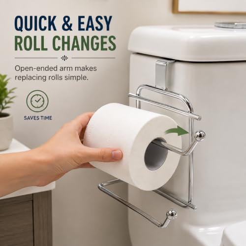 Image of Basicwise Over-The-Side Tank Double Toilet Paper Holder Compact Modern Bathroom Organizer Practical Storage Rack for Extra Rolls Offering Quick & Easy Access for Everyday Use, Silver