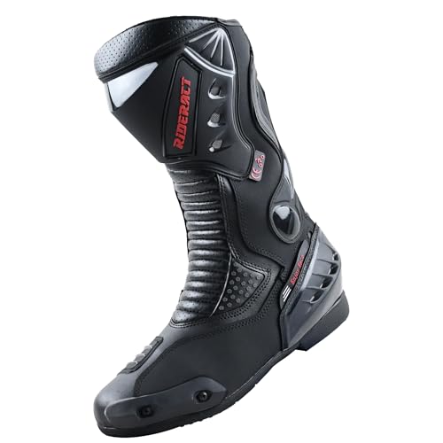 RIDERACT® Reinforced Mens Motorcycle Boot Race Ready Black Riding Sports Boots Comfort & Lightweight Anti-Slippery Motorbike Leather Boots Safety Gear (Black, us_footwear_size_system, adult, men, numeric, medium, numeric_12)