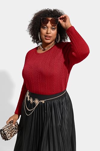Image of CARCOS Womens Plus Size Tops Basic Fall Cable Knit Sweaters Long Sleeve Shirts Crewneck Lightweight Tunic Tops XL-5XL