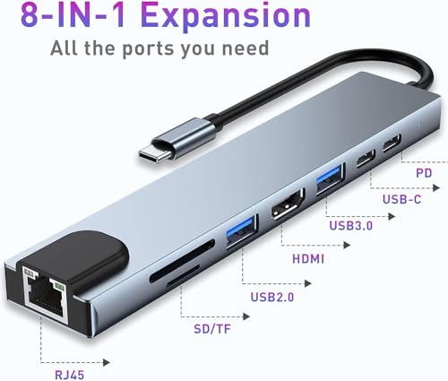 Image of USB HUB USB C Hub, 8-in-1 USB C Adapter with 4K HDMI, 100W PD, USB C Port, USB 3.0,RJ45 Ethernet, SD /TF Card Reader, Docking Station USB C Laptops and Other Type-C Devices (USB C to 8 in 1 HUB)