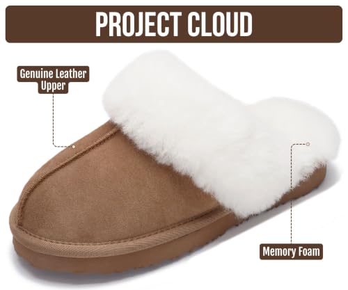 Image of Project Cloud Genuine Leather Slippers for Women with Genuine Fur Lining, Non-Slip Indoor /Outdoor Clog Mule Slippers, Memory Foam Insole