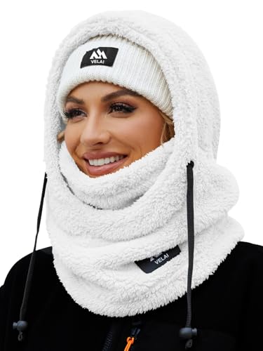 VELAI Balaclava Fleece Ski Mask for Men Women Winter Face Masks Windproof Hooded Scarf Cold Weather Hat Neck Warmer(White)