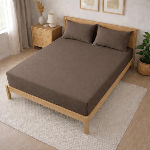 Image of THE HOME STYLE Solid Plain Cotton Feel Fitted Bedsheet King Size (72x78 inches) | 2 Pillow Covers | 300 TC | Elastic Fit | Fits Upto 8 Inch Mattress (Mocha)