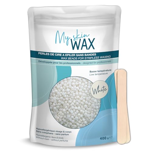 My Skin Wax - Perlas de Cera para Depilación Sin Bandas, 400g, Hipoalergénico, Depilatoria Indolora Sin Enrojecimiento, Especial Para Pieles Sensibles Hombre Mujer, Depilar Facial, Brasileño Blanco