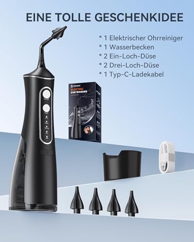 Ohrenschmalz Entferner Ohrenreiniger, Elektrischer Ohrreiniger für Erwachsene Kinder, IPX7 Wasserdicht Ear Cleaner mit 4 Modi & DIY Wasserdruck Ohrenspülung - Ohrendusche Set mit 4 Ohr Tipps (Schwarz)