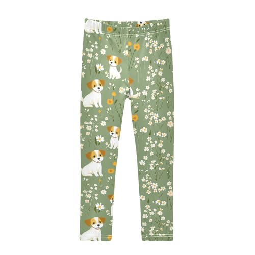 Dog and Flower Floral Girls Casual Leggings for Kids Printed Long Pant Bottoms Stretch and Soft